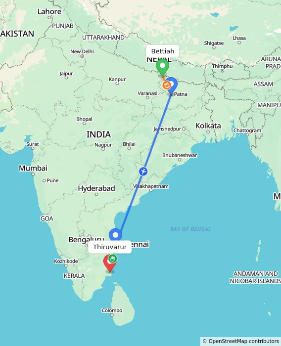 Route map showing distance and travel time from Bettiah, India to Thiruvarur, India