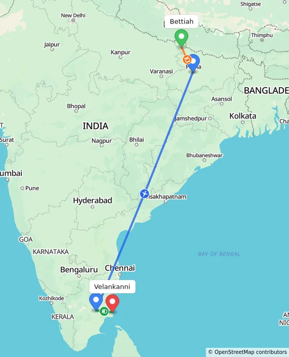 Route map showing distance and travel time from Bettiah, India to Velankanni, India