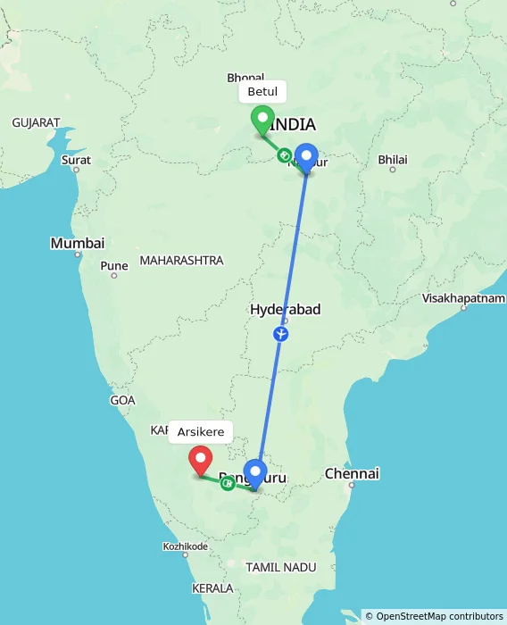 Route map showing distance and travel time from Betul, India to Arsikere, India