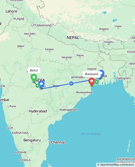 Route map showing distance and travel time from Betul, India to Balasore, India