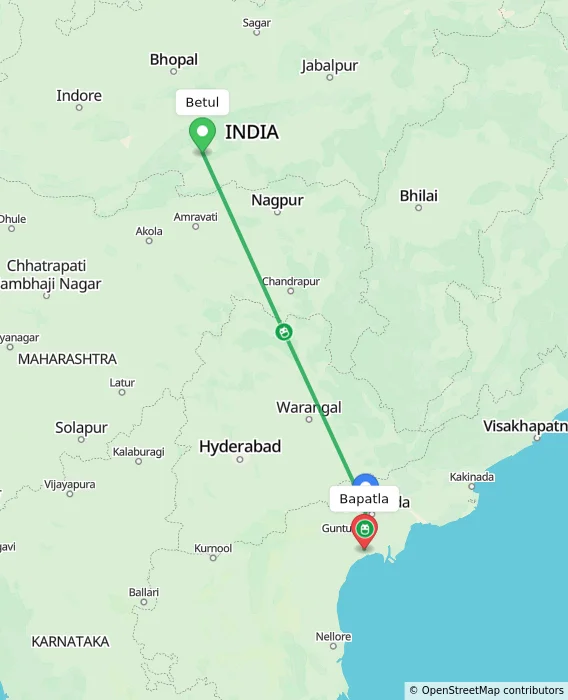 Route map showing distance and travel time from Betul, India to Bapatla, India