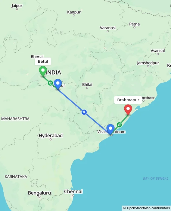 Route map showing distance and travel time from Betul, India to Brahmapur, India