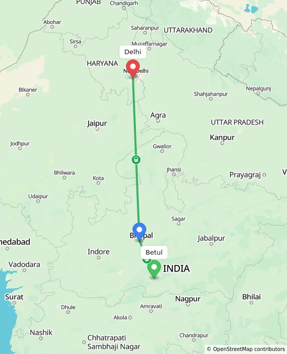 Route map showing distance and travel time from Betul, India to Delhi, India