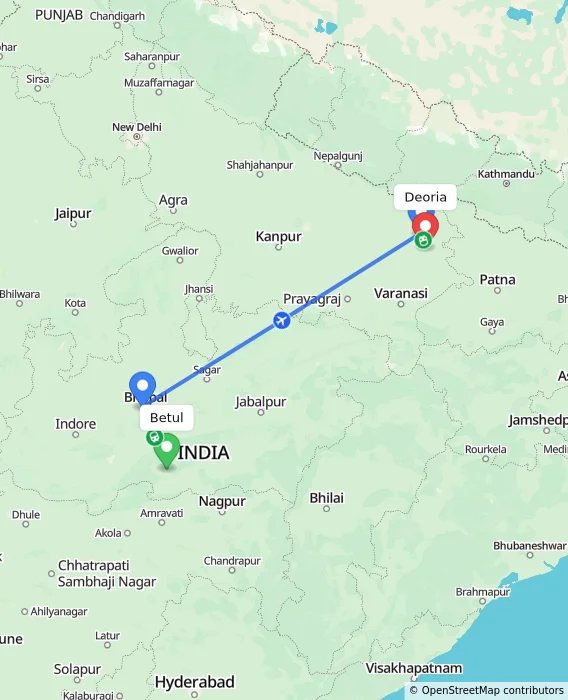 Route map showing distance and travel time from Betul, India to Deoria, India