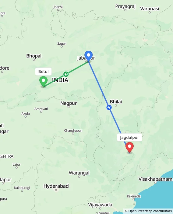 Route map showing distance and travel time from Betul, India to Jagdalpur, India