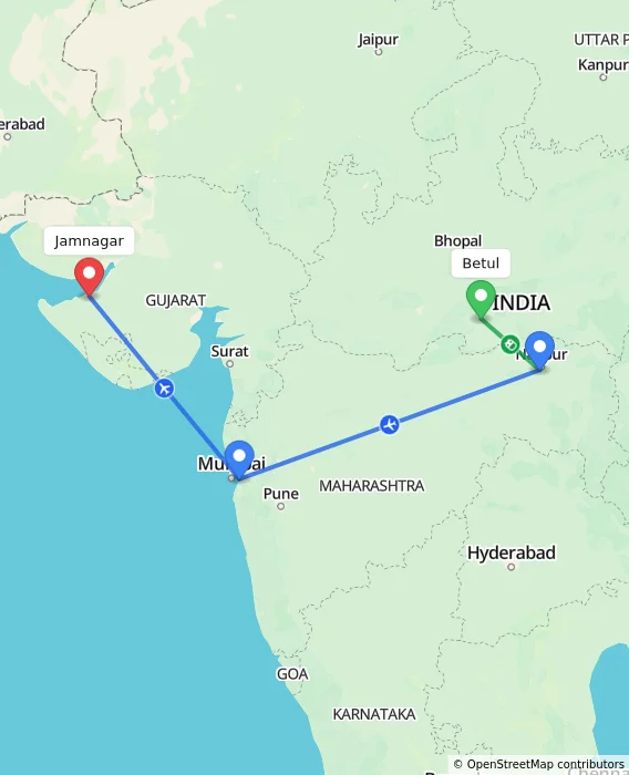 Route map showing distance and travel time from Betul, India to Jamnagar, India