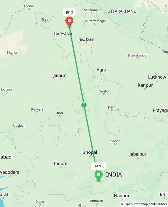 Route map showing distance and travel time from Betul, India to Jind, India