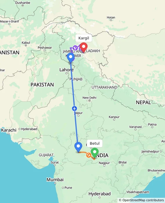 Route map showing distance and travel time from Betul, India to Kargil, India