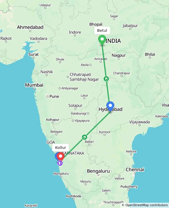 Route map showing distance and travel time from Betul, India to Kollur, India
