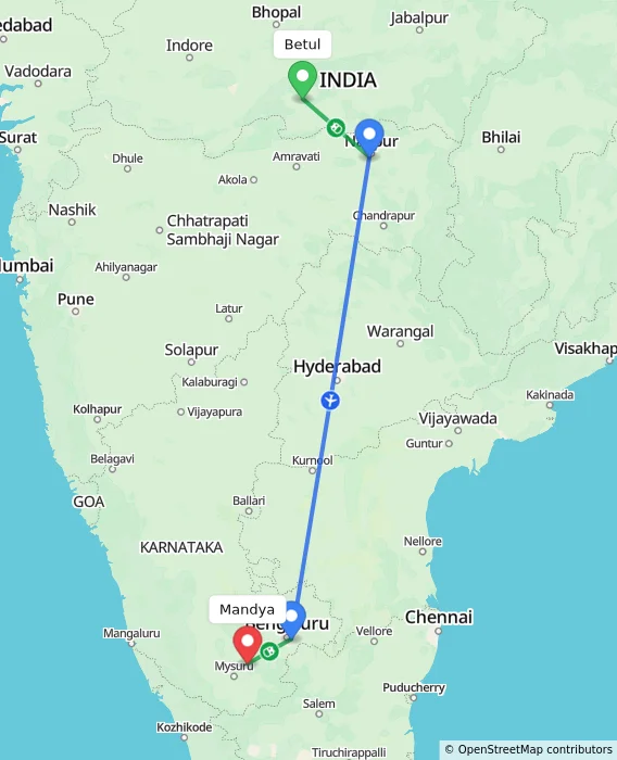 Route map showing distance and travel time from Betul, India to Mandya, India