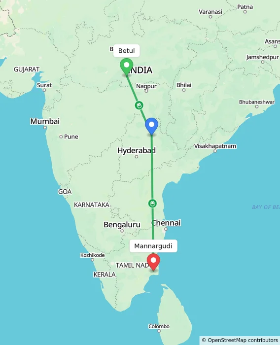 Route map showing distance and travel time from Betul, India to Mannargudi, India