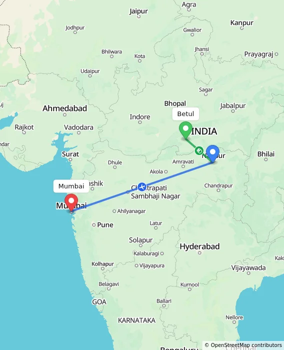 Route map showing distance and travel time from Betul, India to Mumbai, India