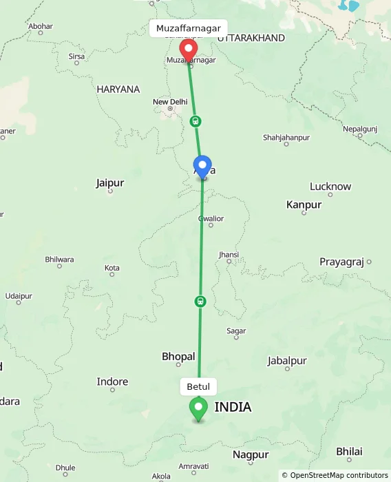 Route map showing distance and travel time from Betul, India to Muzaffarnagar, India