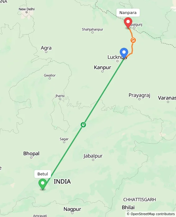 Route map showing distance and travel time from Betul, India to Nanpara, India