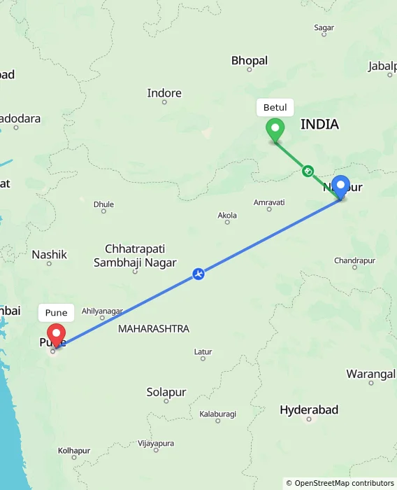 Route map showing distance and travel time from Betul, India to Pune, India