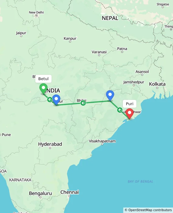 Route map showing distance and travel time from Betul, India to Puri, India