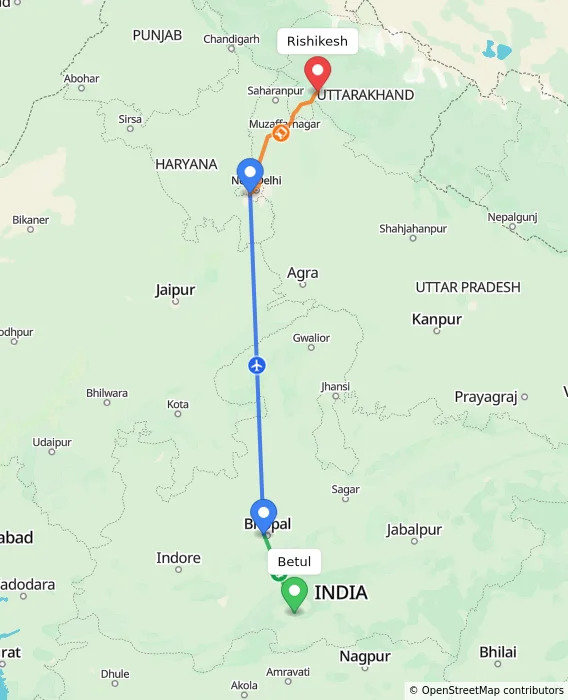 Route map showing distance and travel time from Betul, India to Rishikesh, India