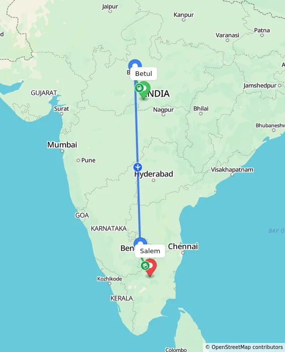 Route map showing distance and travel time from Betul, India to Salem, India