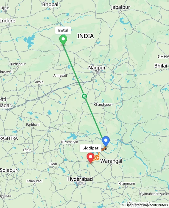 Route map showing distance and travel time from Betul, India to Siddipet, India
