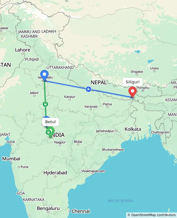 Route map showing distance and travel time from Betul, India to Siliguri, India
