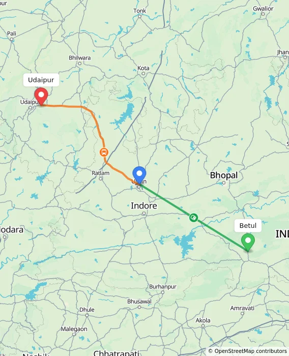 Route map showing distance and travel time from Betul, India to Udaipur, India