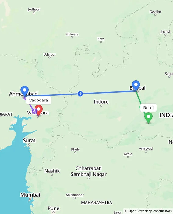 Route map showing distance and travel time from Betul, India to Vadodara, India