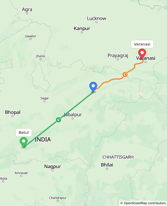 Route map showing distance and travel time from Betul, India to Varanasi, India