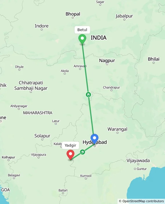 Route map showing distance and travel time from Betul, India to Yadgir, India