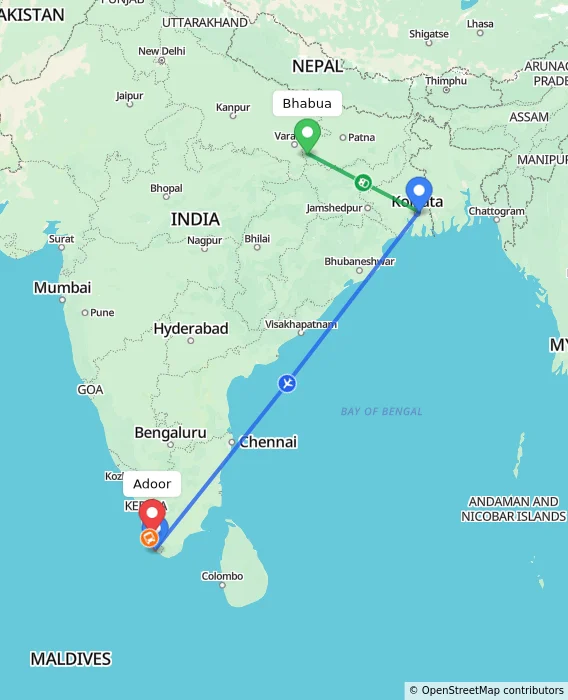 Route map showing distance and travel time from Bhabua, India to Adoor, India
