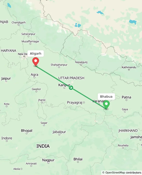Route map showing distance and travel time from Bhabua, India to Aligarh, India