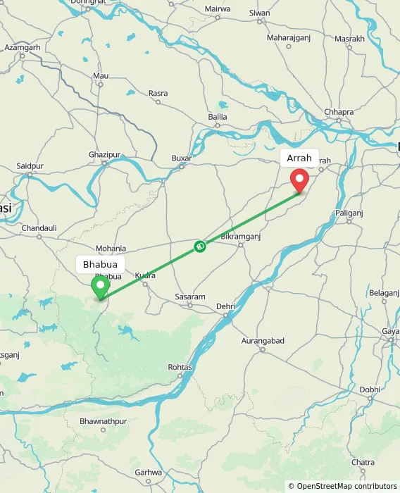 Route map showing distance and travel time from Bhabua, India to Arrah, India