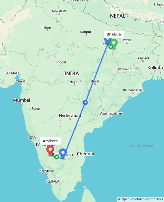 Route map showing distance and travel time from Bhabua, India to Arsikere, India