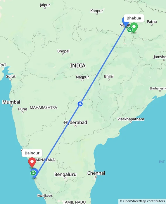 Route map showing distance and travel time from Bhabua, India to Baindur, India