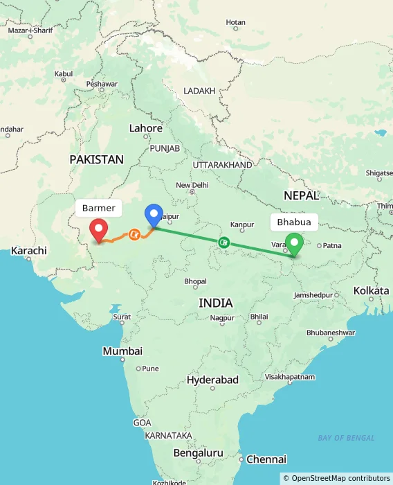 Route map showing distance and travel time from Bhabua, India to Barmer, India