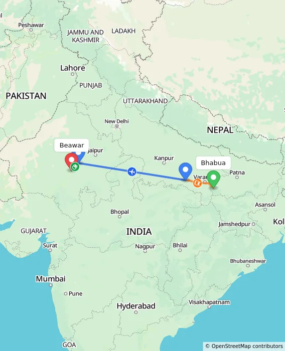 Route map showing distance and travel time from Bhabua, India to Beawar, India