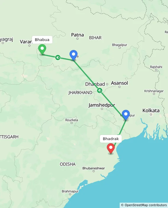 Route map showing distance and travel time from Bhabua, India to Bhadrak, India