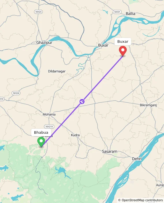 Route map showing distance and travel time from Bhabua, India to Buxar, India