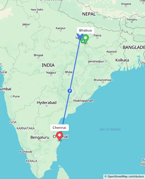 Route map showing distance and travel time from Bhabua, India to Chennai, India