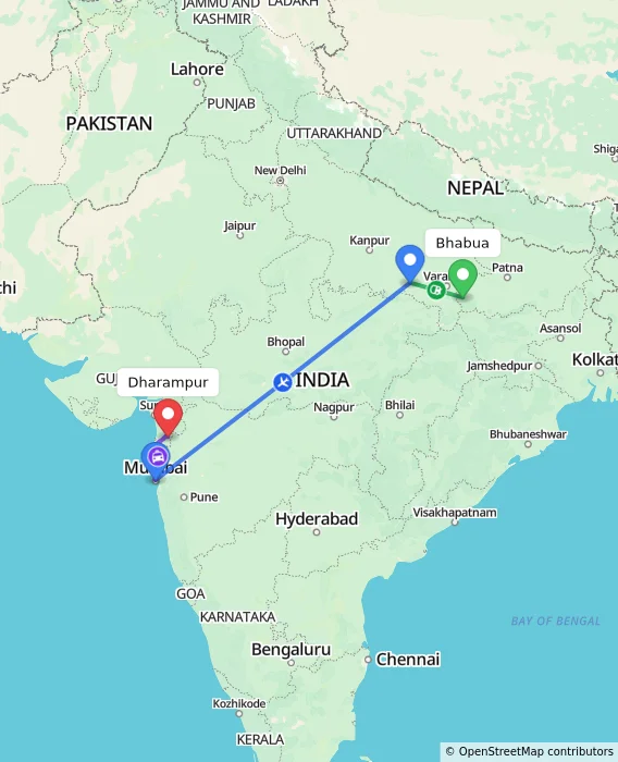 Route map showing distance and travel time from Bhabua, India to Dharampur, India