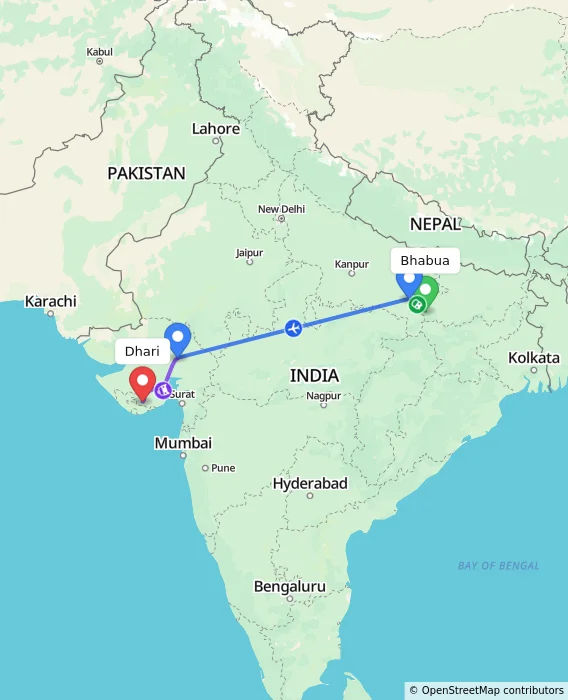 Route map showing distance and travel time from Bhabua, India to Dhari, India