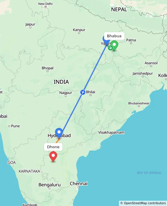 Route map showing distance and travel time from Bhabua, India to Dhone, India
