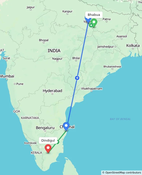 Route map showing distance and travel time from Bhabua, India to Dindigul, India