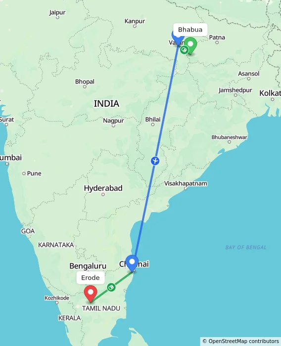 Route map showing distance and travel time from Bhabua, India to Erode, India