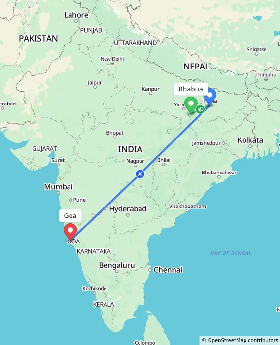 Route map showing distance and travel time from Bhabua, India to Goa, India