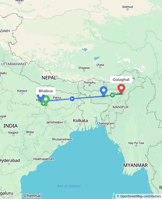 Route map showing distance and travel time from Bhabua, India to Golaghat, India