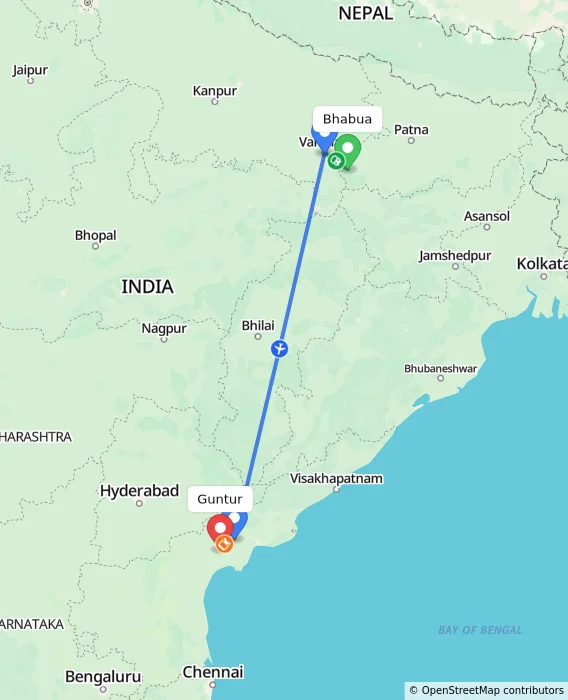 Route map showing distance and travel time from Bhabua, India to Guntur, India