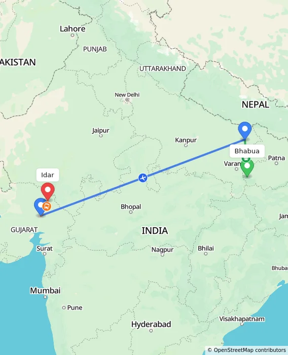Route map showing distance and travel time from Bhabua, India to Idar, India