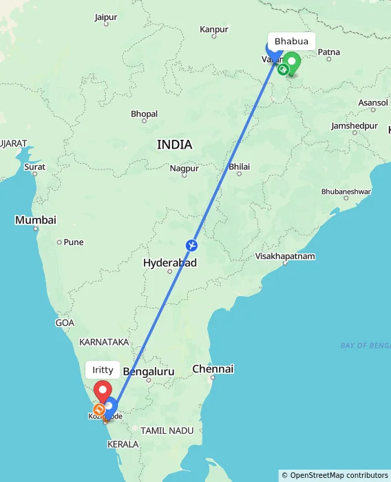 Route map showing distance and travel time from Bhabua, India to Iritty, India