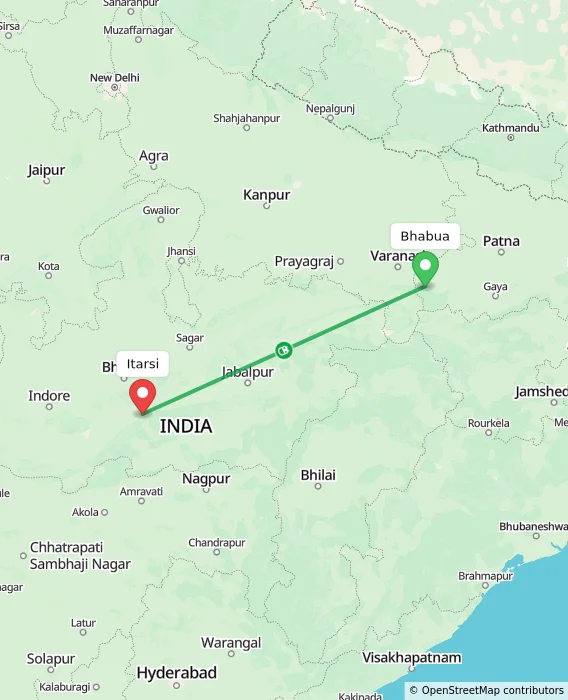 Route map showing distance and travel time from Bhabua, India to Itarsi, India