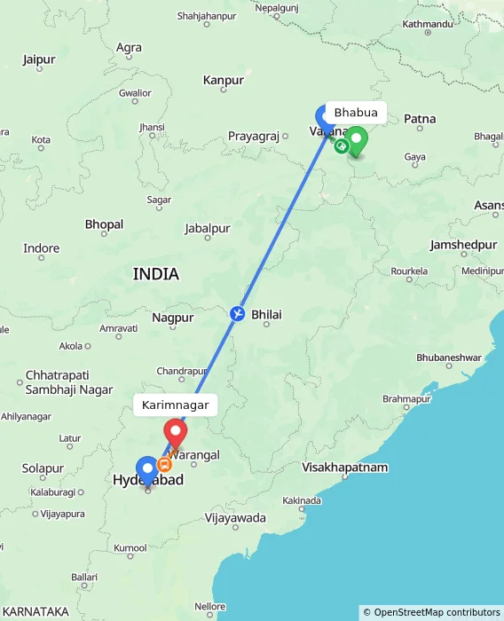 Route map showing distance and travel time from Bhabua, India to Karimnagar, India